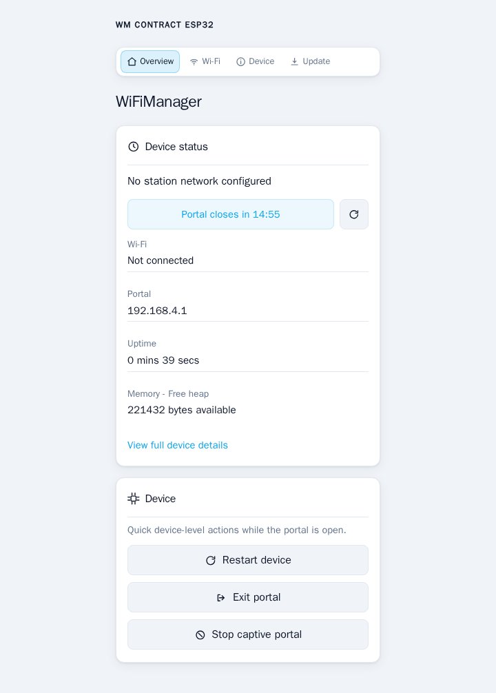 WiFiManager portal overview with branded identity, status, and portal actions.
