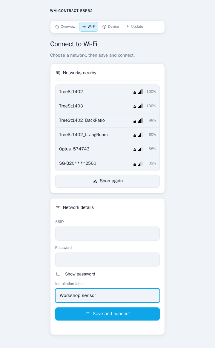 WiFiManager Wi-Fi page with nearby networks and an application setting.