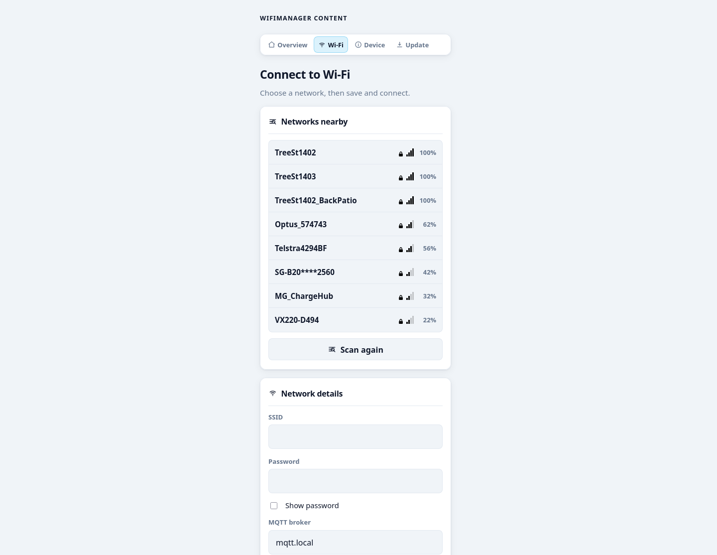 WiFiManager network picker and custom MQTT broker field on an ESP8266.